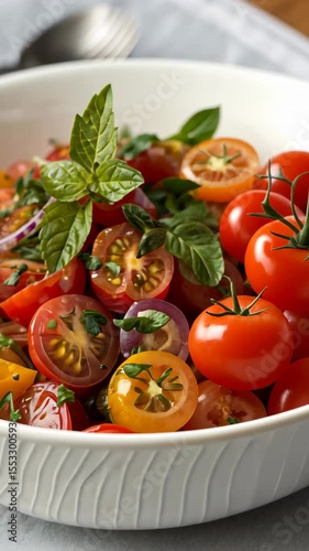 Fresh cherry tomato salad with red onions, basil leaves, and herbs in a white bowl, healthy vegetarian summer meal