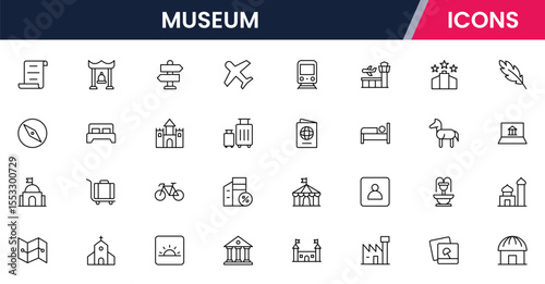 Vector illustration web line icon collection for museum: artifacts, exhibits, culture, and history symbols in a refined, modern, and elegant design style.