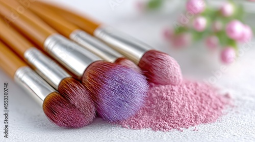 Elegant composition of cosmetic tools with colorful powder on white background, designed as a high-resolution banner with copy space.