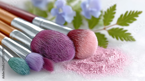 Elegant composition of cosmetic tools with colorful powder on white background, designed as a high-resolution banner with copy space.