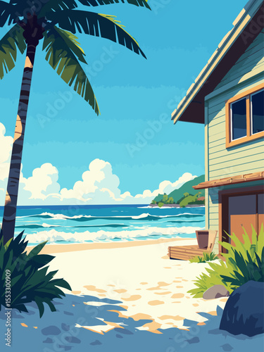 view from a tropical beach house onto a white sands beach with big surfing waves 