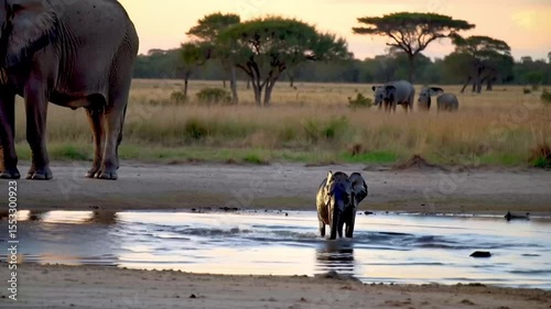 A playful baby elephant splashes happily at a watering hole in the African savannah during the golden hour in the warm light.