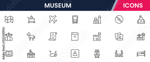 Vector illustration web line icon collection for museum: artifacts, exhibits, culture, and history symbols in a refined, modern, and elegant design style.