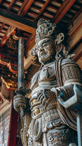 Intricately carved ancient warrior statue holding sword beneath ornate temple ceiling, showcasing traditional cultural craftsmanship