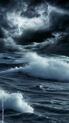 Dramatic ocean waves crashing under dark stormy skies with powerful lightning illuminating turbulent nighttime seascape