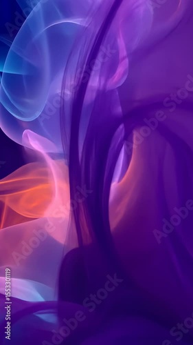 Vibrant swirling abstract colorful smoke waves in purple, blue, and orange hues with dynamic motion and ethereal glowing effects