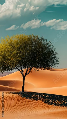 Lonely green tree standing against golden desert dunes under dramatic sky with clouds and intricate sand patterns