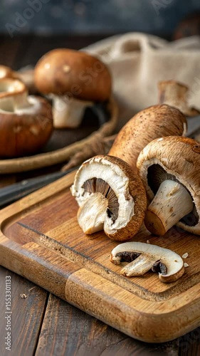 Fresh brown mushrooms on a rustic wooden cutting board with slices, natural texture, and earthy tones in a cozy kitchen setting