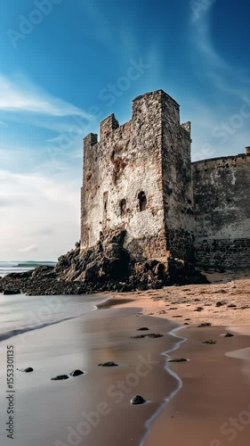Ancient stone fortress tower stands above a sandy beach as waves gently wash ashore under a bright blue sky with scattered clouds