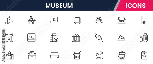 Vector illustration web line icon collection for museum: artifacts, exhibits, culture, and history symbols in a refined, modern, and elegant design style.