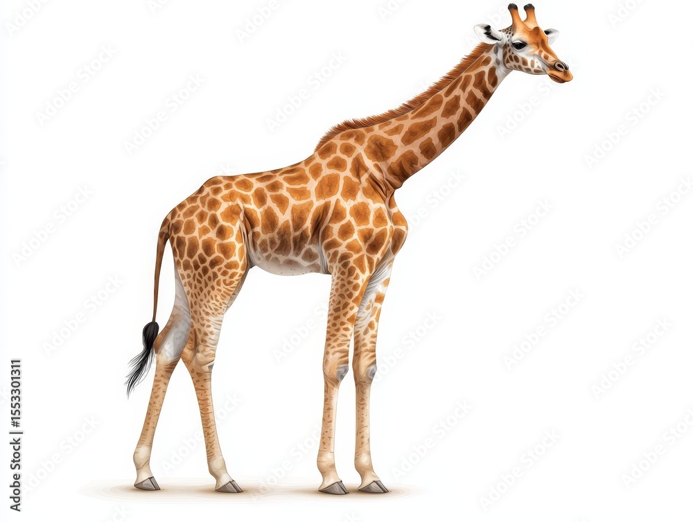 Fototapeta premium Young wild giraffe with long neck standing isolated on white background