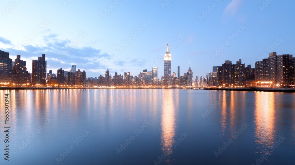 Obraz premium A stunning skyline view of a bustling city at dusk, featuring iconic buildings illuminated by city lights reflecting in the water.