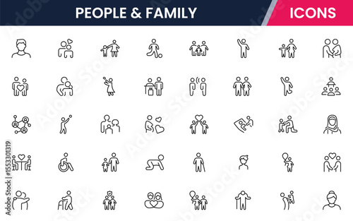 Vector line icons of parents, children, home, love, activities, family time, relationships, bonding, and care ideal for apps and websites.