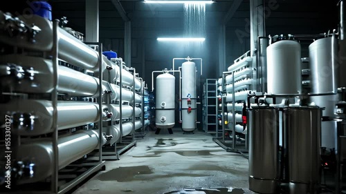 video of Several water softener filters are lined up in a row, part of a water treatment system for ecological purposes
