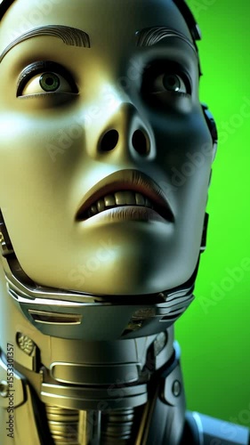 Futuristic humanoid robot face with detailed metal components and expressive features against a vibrant green background