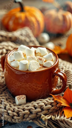 Cozy autumn scene with hot chocolate topped with marshmallows in a brown mug, surrounded by knit blanket and pumpkins