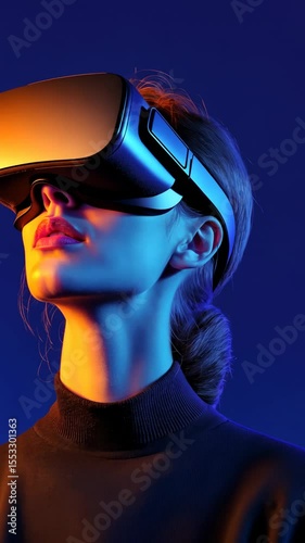 Young woman experiencing virtual reality technology with futuristic headset under colorful neon lighting in a modern digital environment