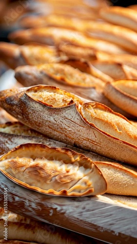 Freshly baked artisan baguettes cooling on a rustic wooden surface in a traditional bakery with golden crispy crusts