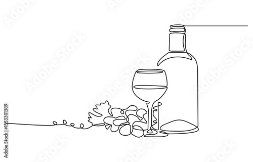 Bottle of wine with wineglass and grape bunch in continuous line art drawing style. Minimalist black linear sketch isolated on white background. Vector illustration