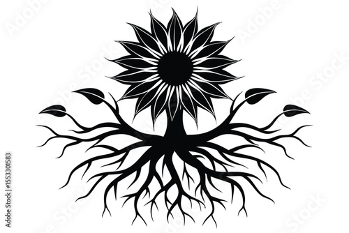 Black and White Sunflower with Roots and Leaves Silhouette Illustration Design