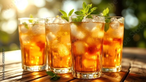 Four iced tea glasses garnished with fresh mint on a wooden table, bathed in warm sunlight creating a refreshing and inviting atmosphere.