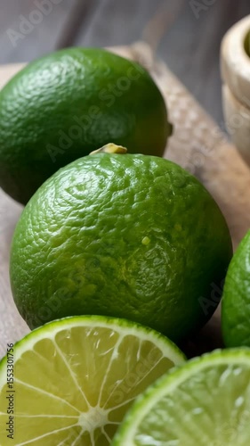 fresh whole and sliced limes on rustic wooden surface showcasing vibrant green color and juicy citrus texture in natural light