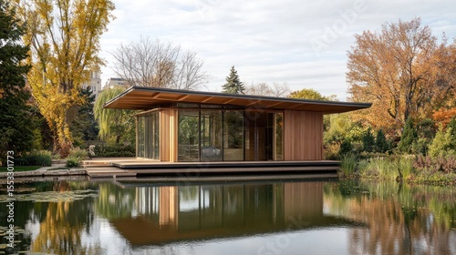 Modern wooden pavilion by a pond