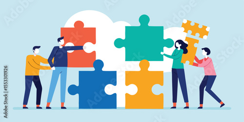 Team collaboration solving puzzle teamwork success
