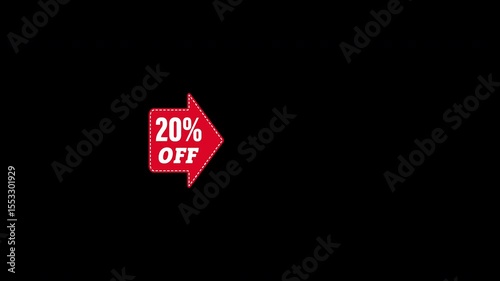 20 percent off. Arrow points to a product, item or service with a 20 percent discount. Animated banner for marketing and advertising