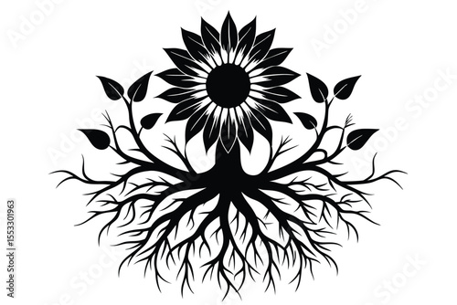 Elegant Black Sunflower with Root System and Leaves Illustration for Print and Web