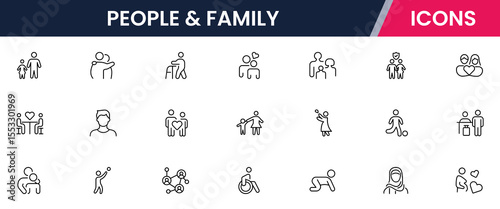 Vector line icons of parents, children, home, love, activities, family time, relationships, bonding, and care ideal for apps and websites.