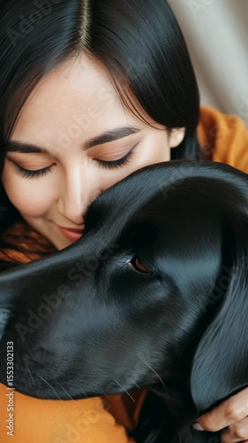 Young woman with closed eyes gently hugging her loyal black labrador indoor, sharing an affectionate moment of companionship and trust