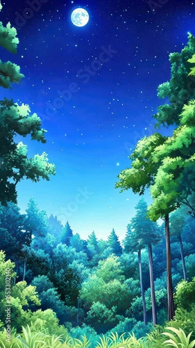 Lush green forest illuminated by moonlight under a clear night sky filled with stars and surrounded by tall trees and dense foliage