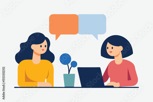 Two women having a conversation with laptop