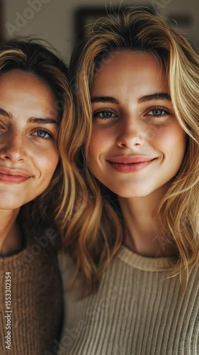Two smiling young women with blonde hair and light sweaters standing closely together indoors with natural lighting