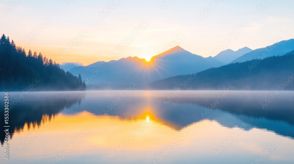 Fototapeta premium A tranquil sunset over a serene lake, reflecting mountains and trees in calm waters, creating a peaceful natural scene.