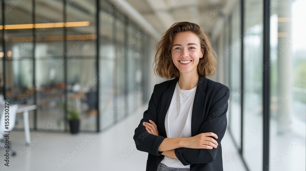 Naklejka premium Portrait of a happy and successful female professional or manager standing in a bright, contemporary corporate workplace