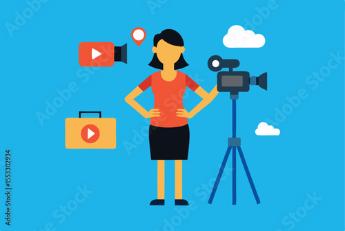 Woman video blogger recording content studio setup