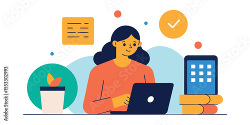 Woman working on laptop computer at home office desk