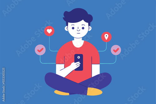 Young man meditating using smartphone social media apps