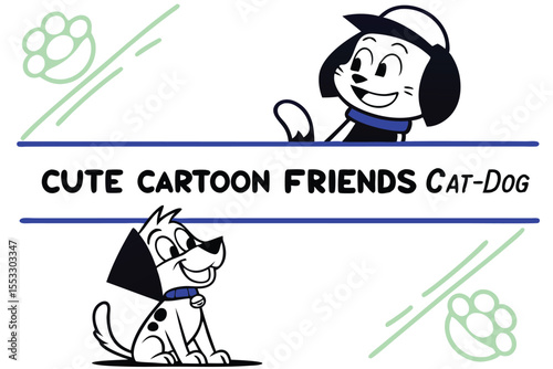 Charming cartoon cat and dog friends in minimalist style