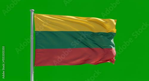 Lithuanian Flag Waves Proudly Against Vibrant Green