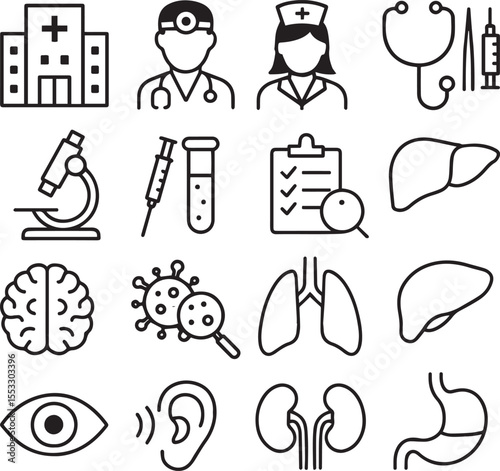Health checkup icon set. Contains such icons as hospital, doctor, nurse, stethoscope, instruments, research, organs, tests, viruses, lung, liver, brain, eye, hearing, kidneys, stomach and more