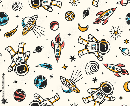 Hand-drawn space theme vector seamless pattern with UFOs, rockets, planets, stars, comets, and astronauts in a doodle art style