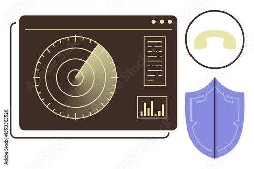 Circular radar screen with targets, data chart, shield, and phone symbolizing communication, protection, and technology. Ideal for monitoring, defense, cybersecurity analytics networking safety