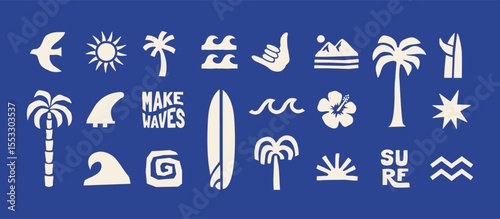Minimal beach and surf icon vector set with tropical elements like palm trees, waves, surfboards, and sun. Perfect for summer designs, t-shirts, posters, and coastal branding.