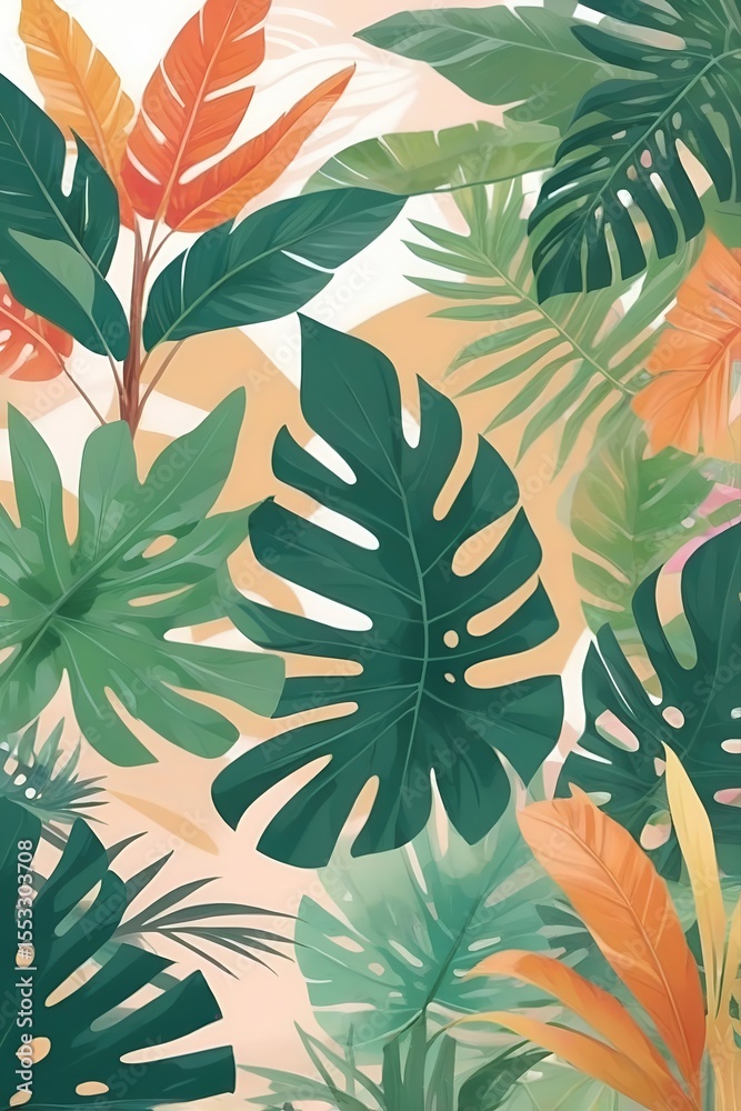 Tropical leaves pattern design for textile and wallpaper with green and orange hues Tropical leaves pattern design for textile and wallpaper with green and orange hues