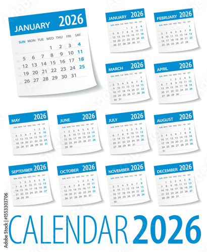 2026 Calendar Leaves Set. Week Starts on Monday. Vector Illustration