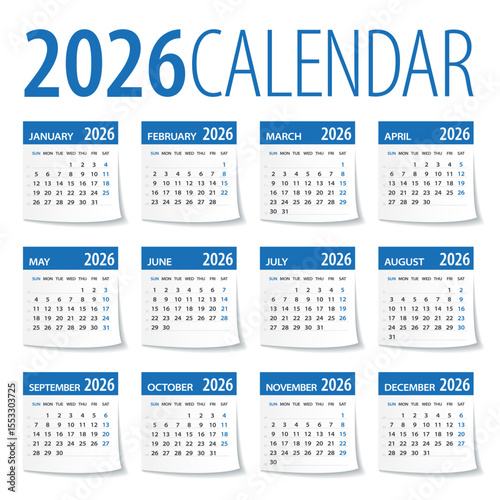 2026 Calendar Leaves Set. Week Starts on Monday. Vector Illustration