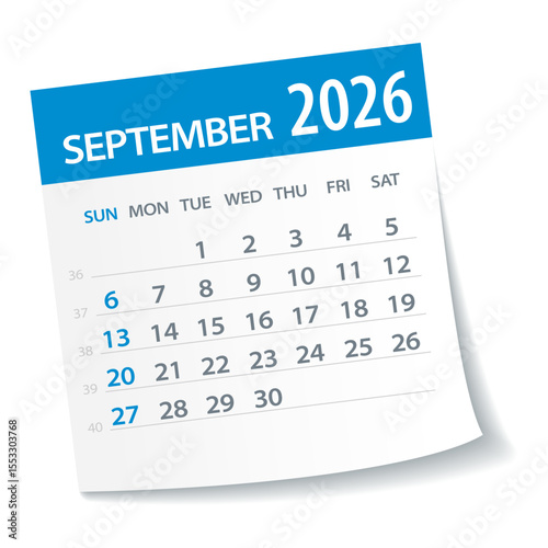 September 2026 Calendar Leaf - Vector Illustration